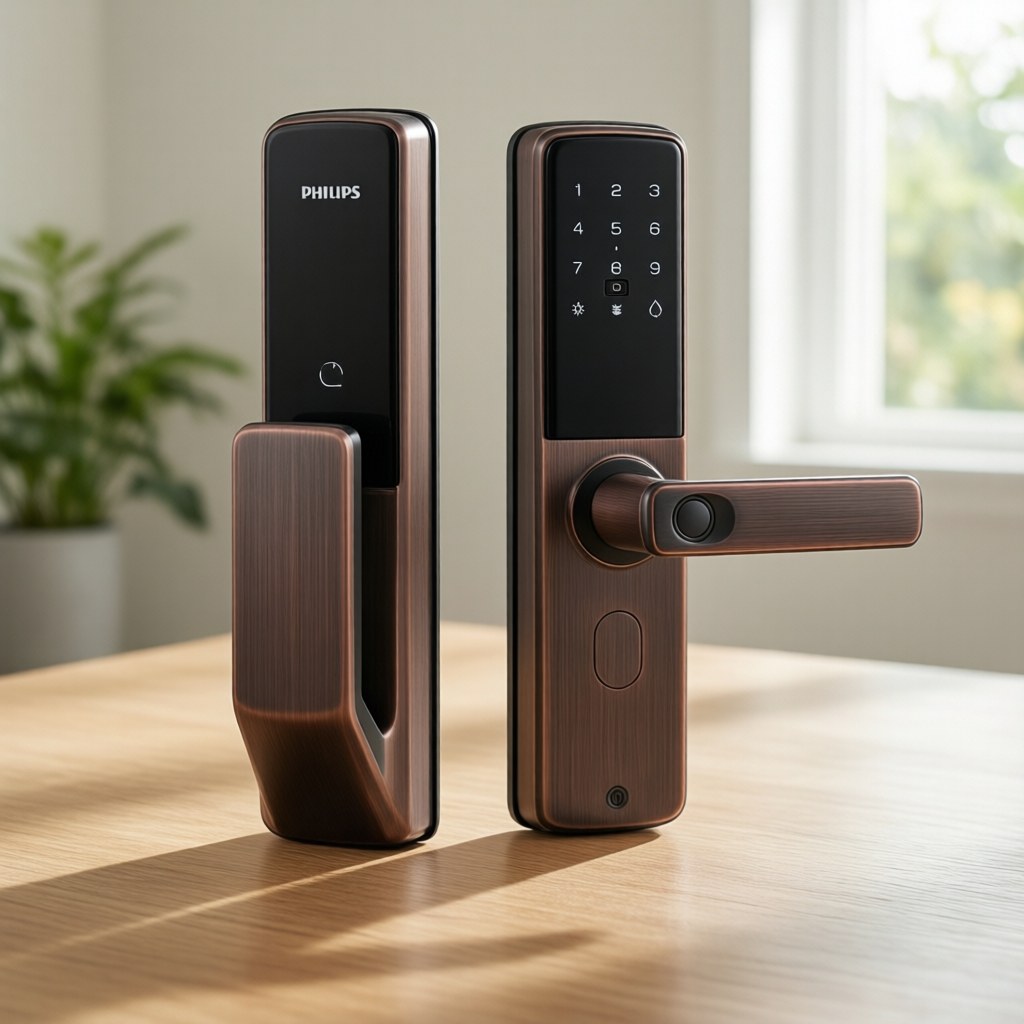 Philips smart deadbolt with fingerprint sensor on a front door