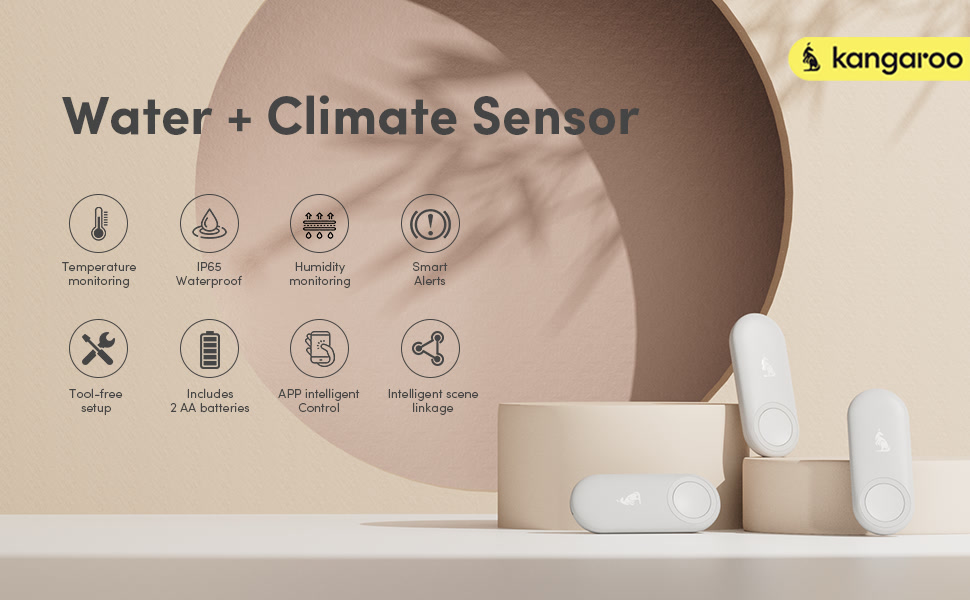 Kangaroo water leak and freeze sensor for kitchen and bathroom use