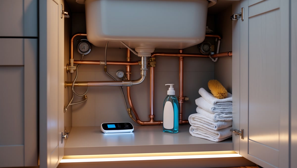 Water leak detector installed under sink to catch pipe leaks early