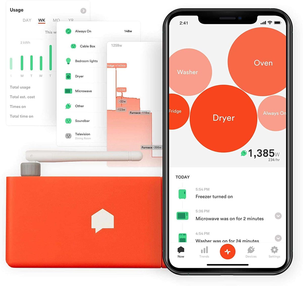 Sense energy monitor smartphone app showing real-time home power consumption