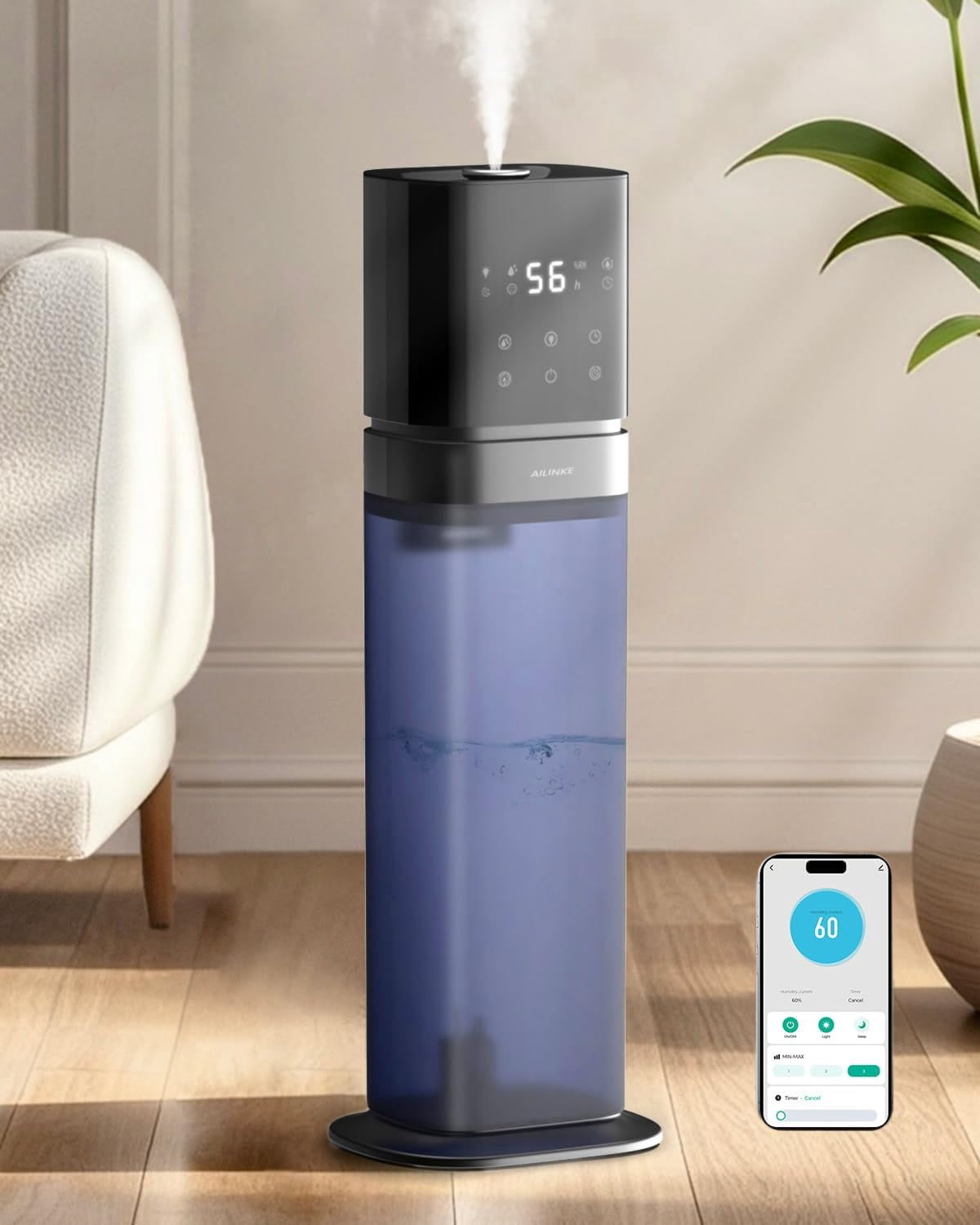 Smart humidifier with WiFi app control in bedroom for maintaining optimal humidity