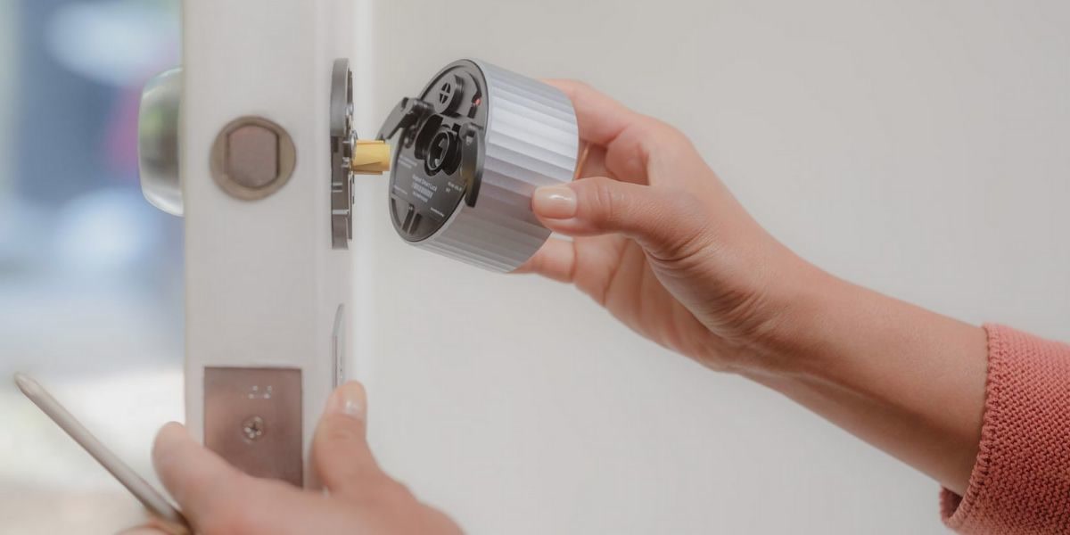 Smart home security camera and smart lock on front door for vacation protection