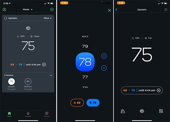Smart home app on phone showing summer thermostat schedule and outdoor lighting