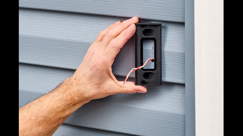 Ring video doorbell being pressed on white door frame showing two-way talk and motion detection features