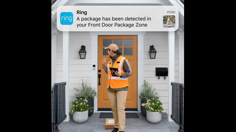 Package delivery on front porch captured by wireless video doorbell with motion detection and video recording