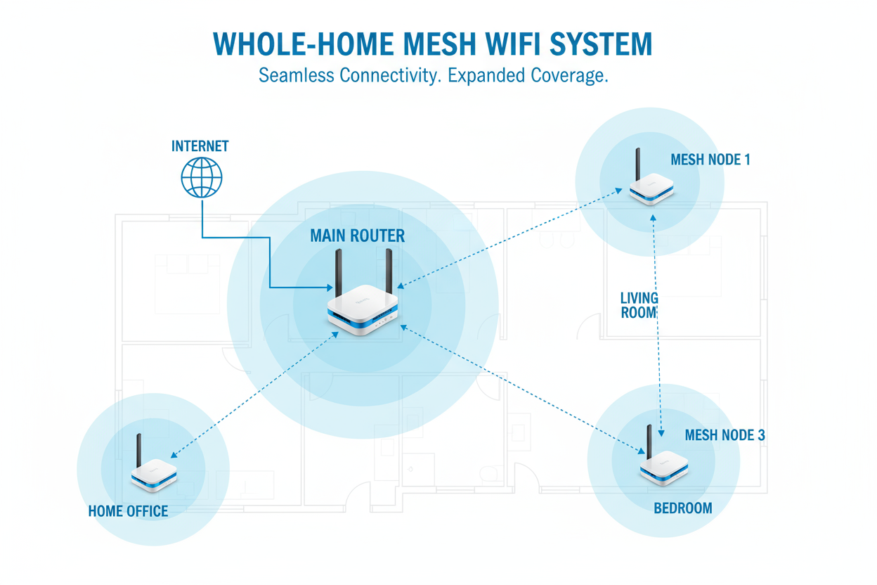 Mesh WiFi system diagram with multiple nodes