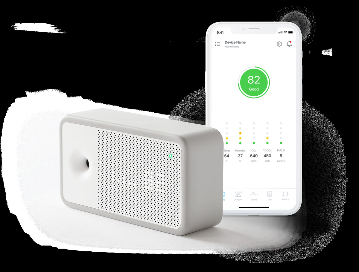 Awair Element indoor air quality monitor product showing PM2.5 CO2 VOCs temperature and humidity readings