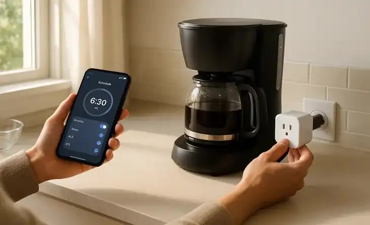 Smart plug connected to coffee maker for scheduled brewing automation