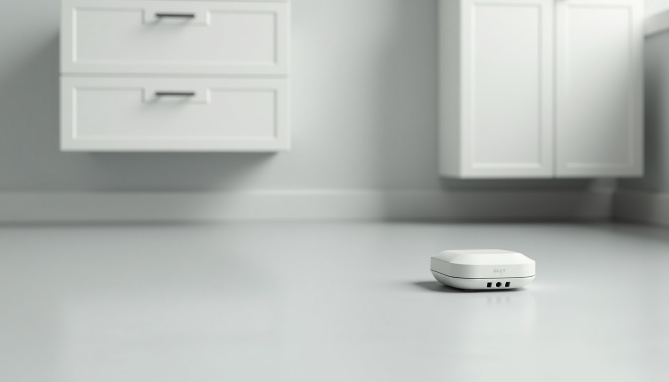Water leak sensor device on bathroom floor under sink cabinet