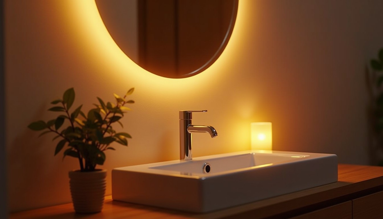 Modern bathroom vanity with smart bulbs glowing warm amber light in evening ambiance