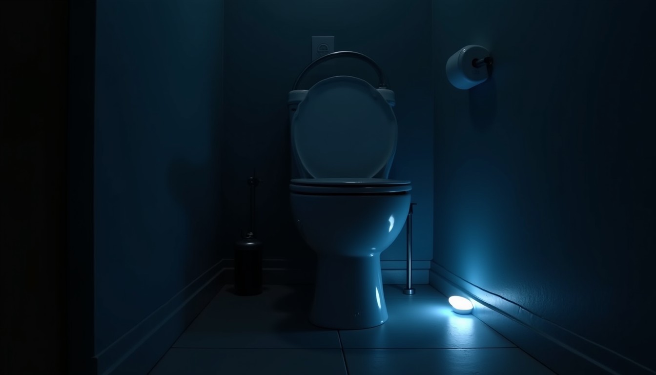Bathroom at night with gentle dim LED nightlight glow along the baseboard