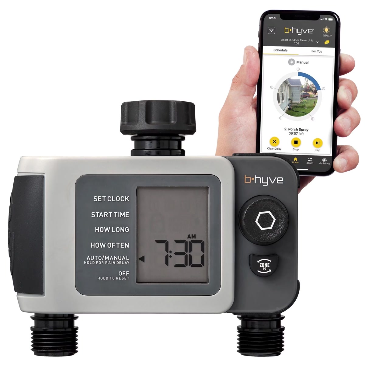 Orbit BHyve smart sprinkler timer installed outdoors