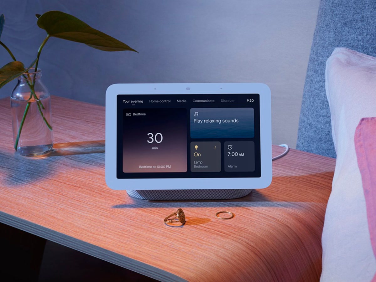 Google Nest Hub 2nd generation on a nightstand for bedroom smart control