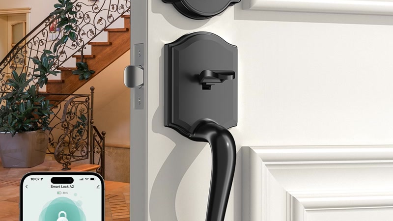 Smart lock on front door being locked with phone