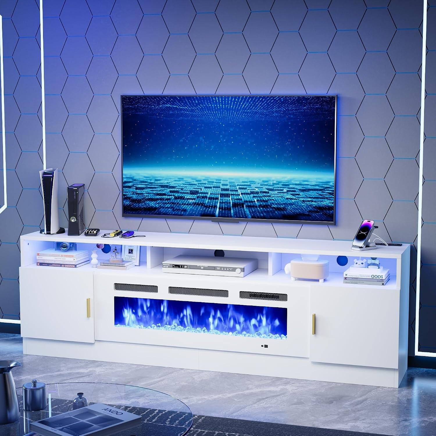 Modern entertainment center with TV and media devices drawing standby power