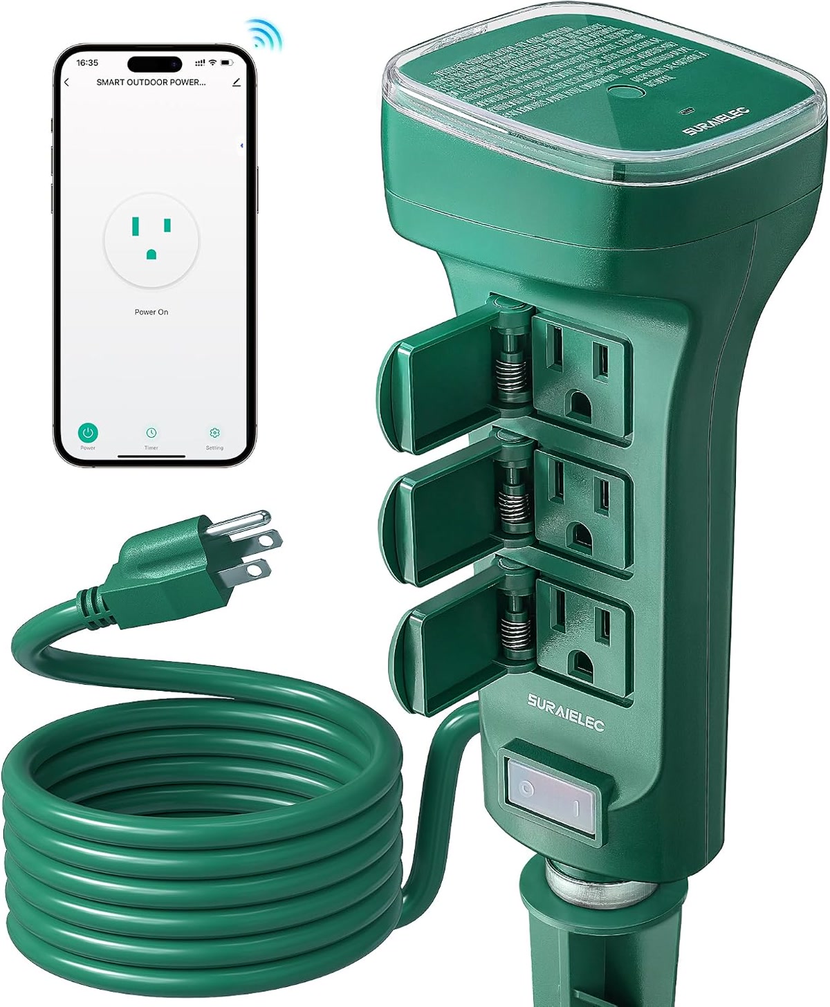 Outdoor smart plug with weatherproof cover on backyard fence