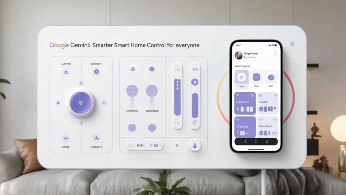 Person speaking to a Google Nest Audio speaker in a living room with smart lighting in the background