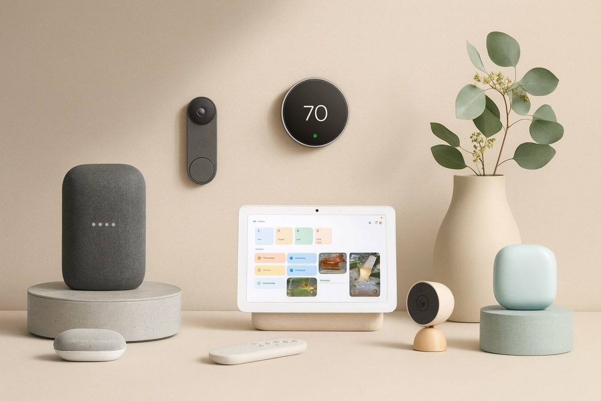 Collection of Google Nest smart home devices including speakers and displays arranged on a shelf