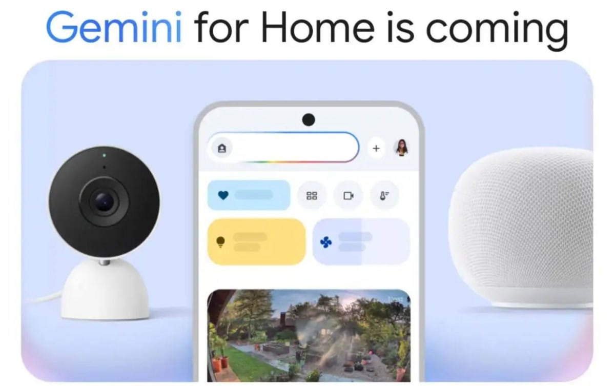 Smart home dashboard showing camera feed with AI event description and home brief summary on a tablet screen