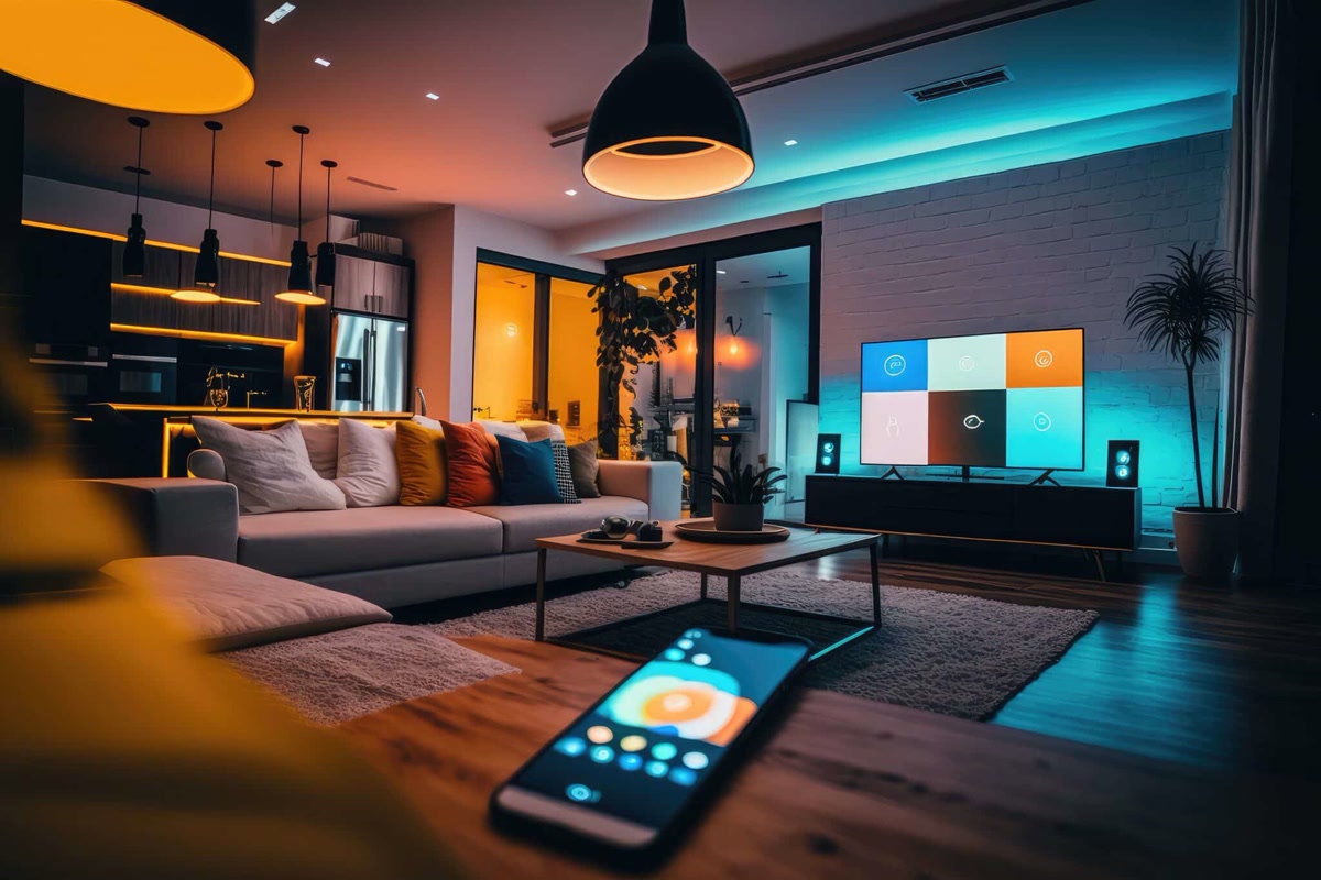 Cozy living room with warm smart lighting creating an occupied appearance