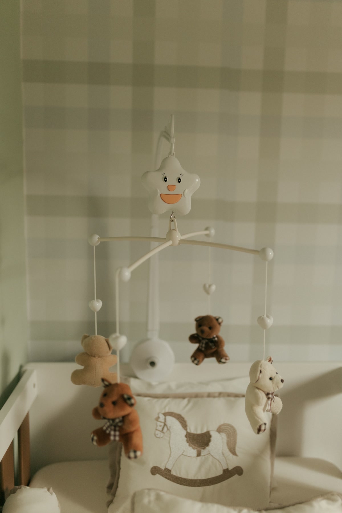 Complete smart nursery setup with monitor, purifier, sensor, and smart lighting at night