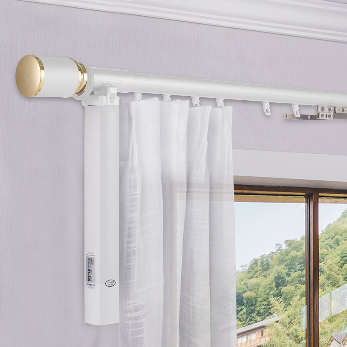 SwitchBot Curtain Rod 2 motorized device attached to a curtain rod with drapes sliding open automatically
