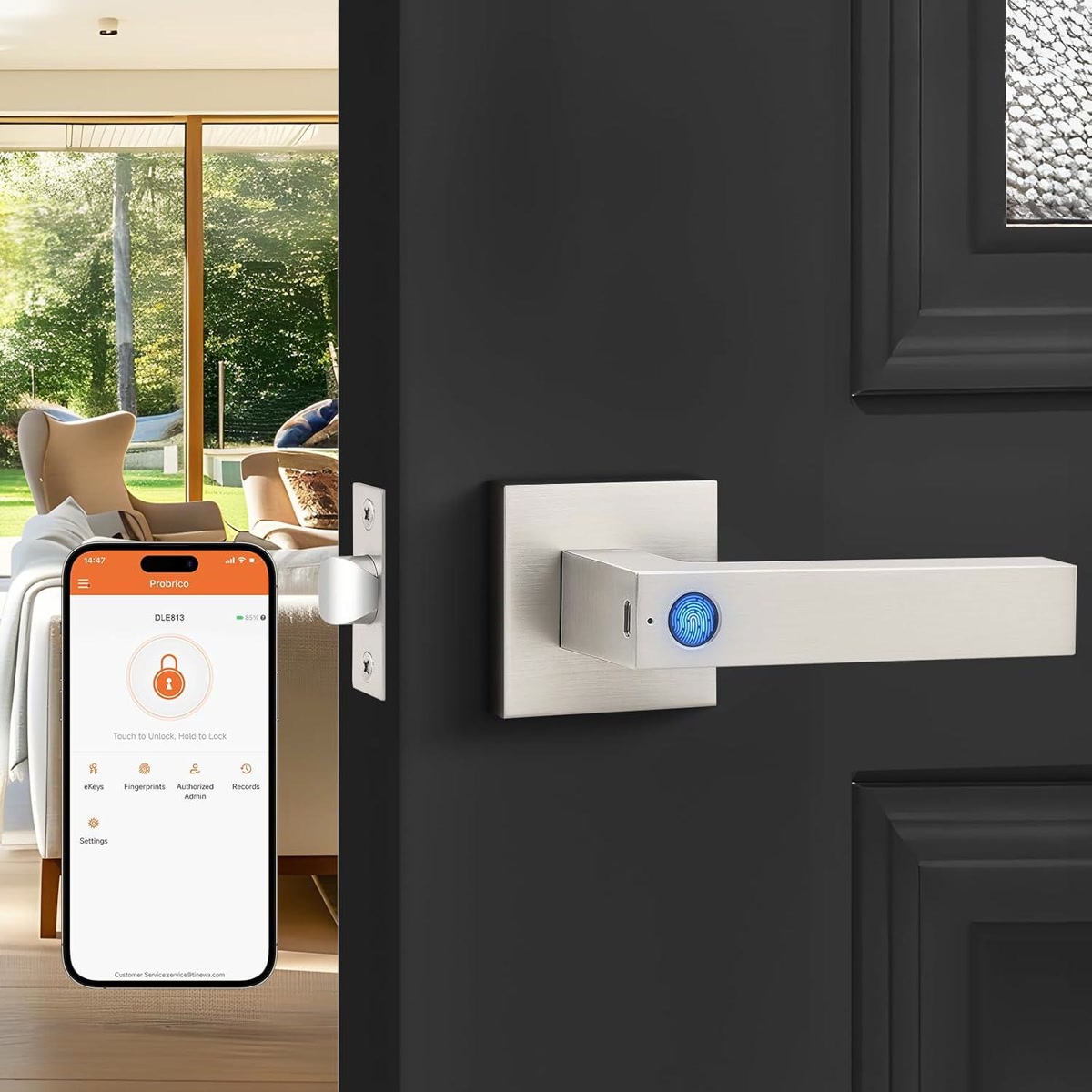 Smart lock with touchscreen keypad in nickel finish on white door