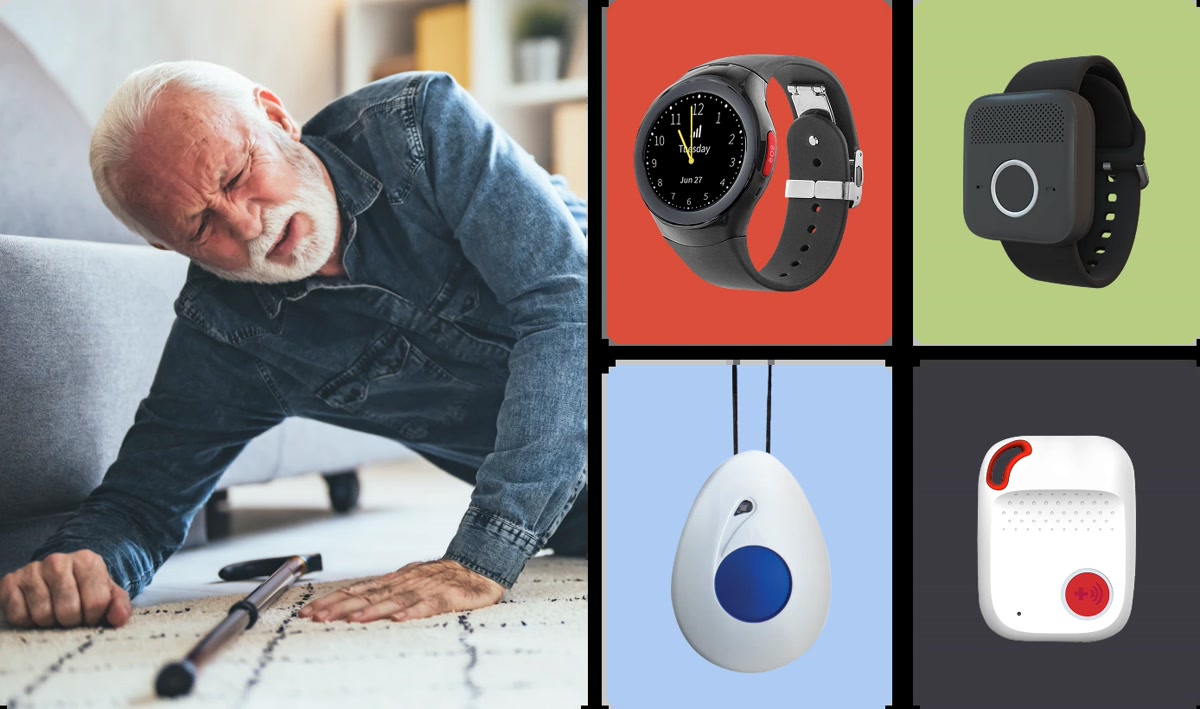 Close-up of a senior's wrist wearing a smart watch with a fall detection alert on the screen, soft natural window light