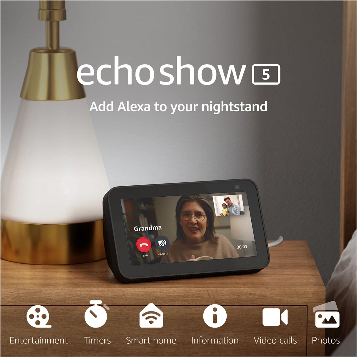 A smart speaker on a kitchen counter near a senior preparing morning coffee, warm kitchen lighting, the device glows softly indicating it is listening