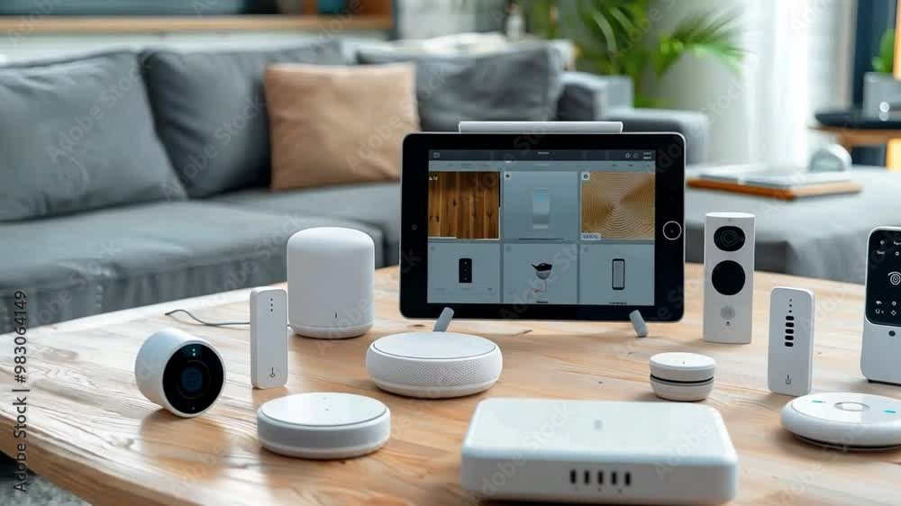 Collection of smart home devices on a table