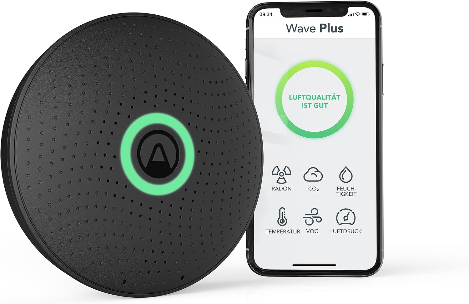 Airthings Wave Plus air quality monitor showing CO2 and VOC readings