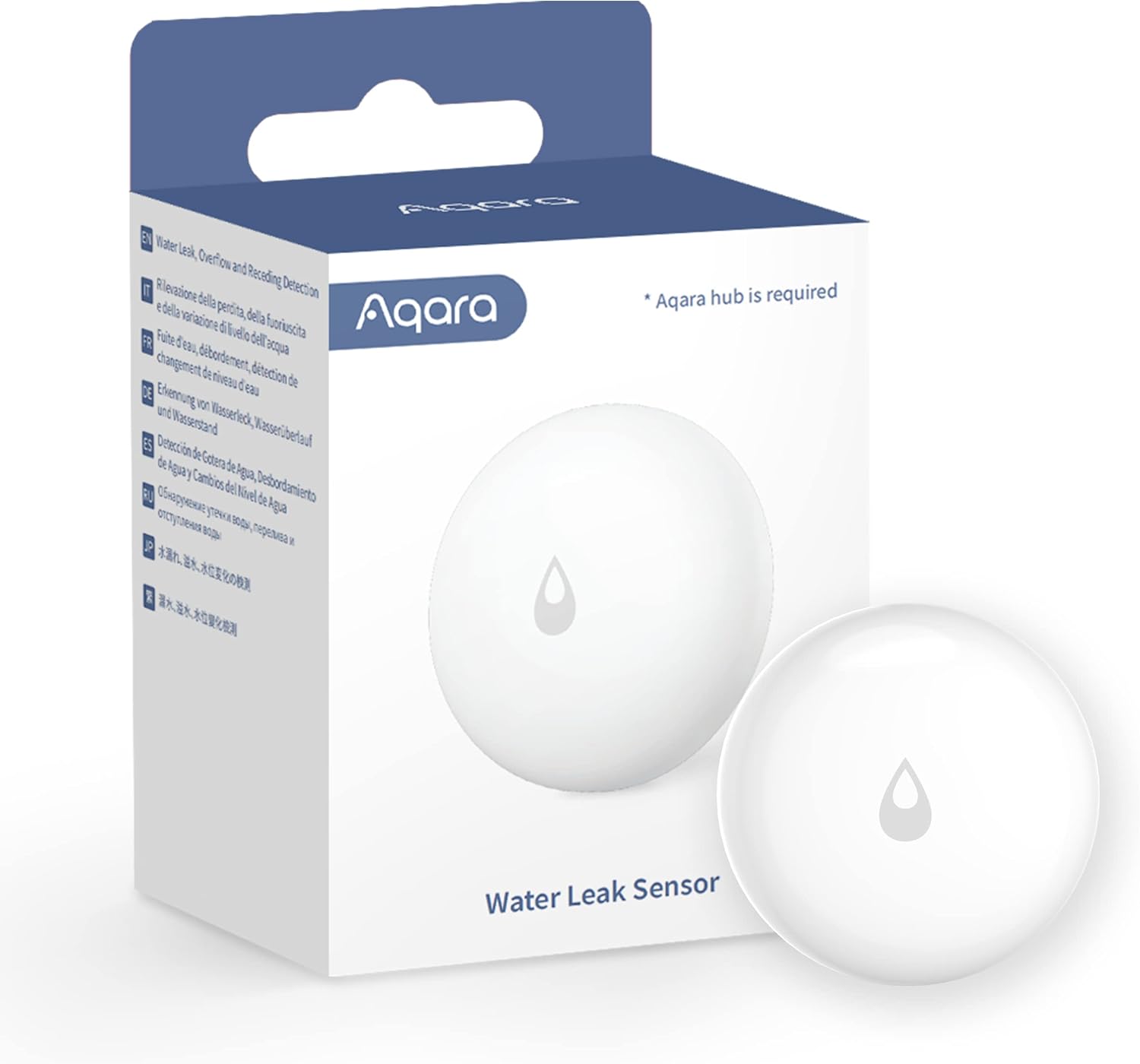 Aqara water leak sensor placed on a basement floor