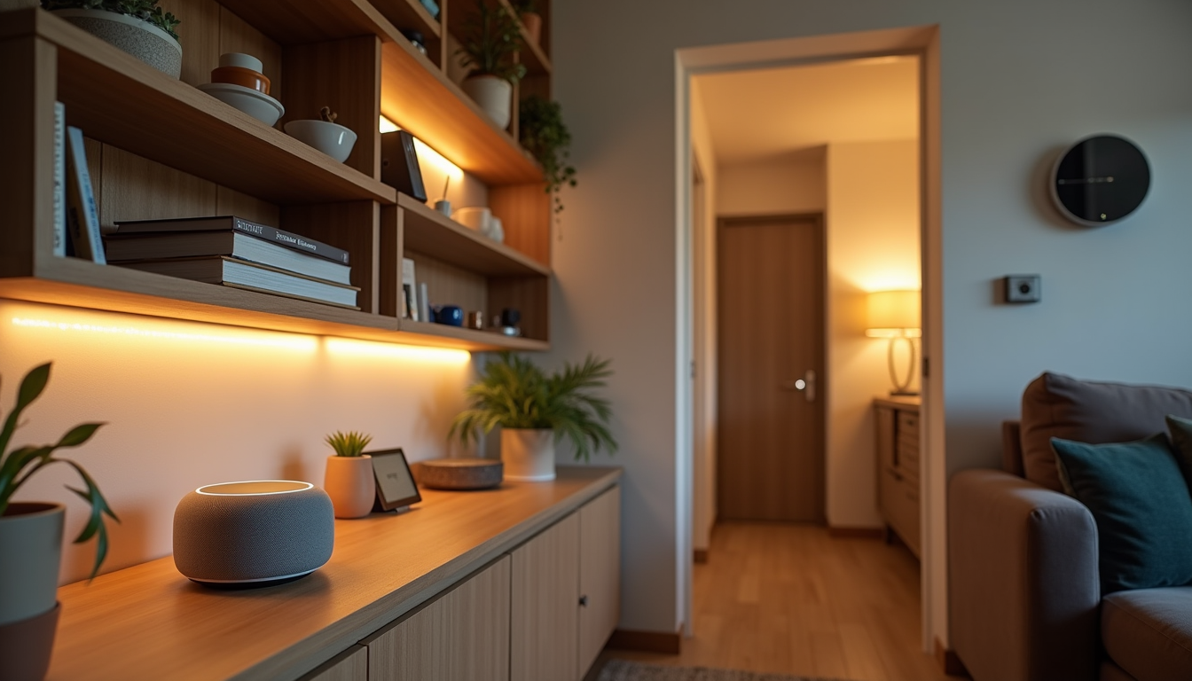 Modern small apartment with smart home devices including smart speaker, LED strip lighting, and smart plugs on a compact desk setup
