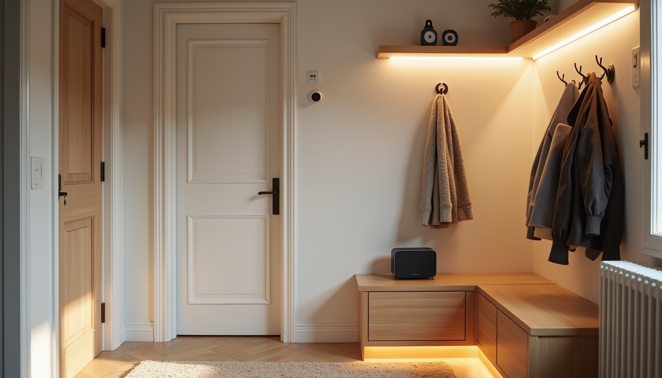 Modern smart home entryway with warm lighting, smart doorbell, and organized mudroom bench