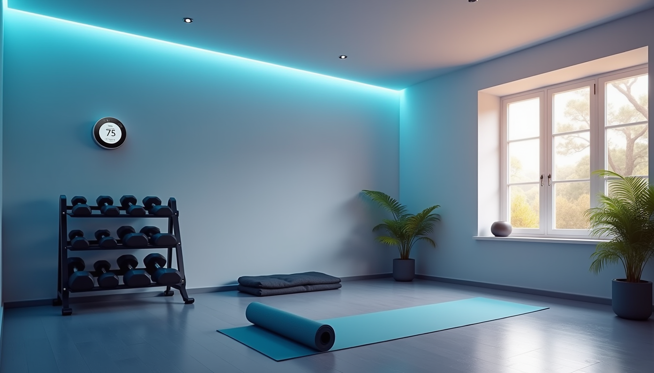 Modern home gym with smart lighting, LED strips, thermostat, and voice assistant