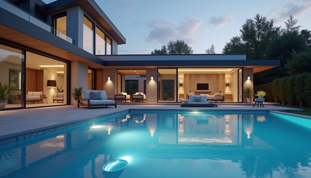 Smart home pool with automated lighting, pump control, and water monitoring