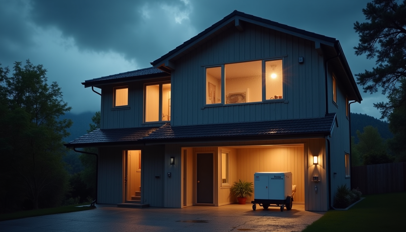 Smart home during a storm with backup power and security cameras