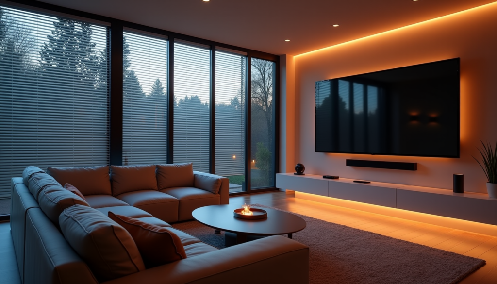 Smart home theater with controlled lighting, blinds, and voice assistant