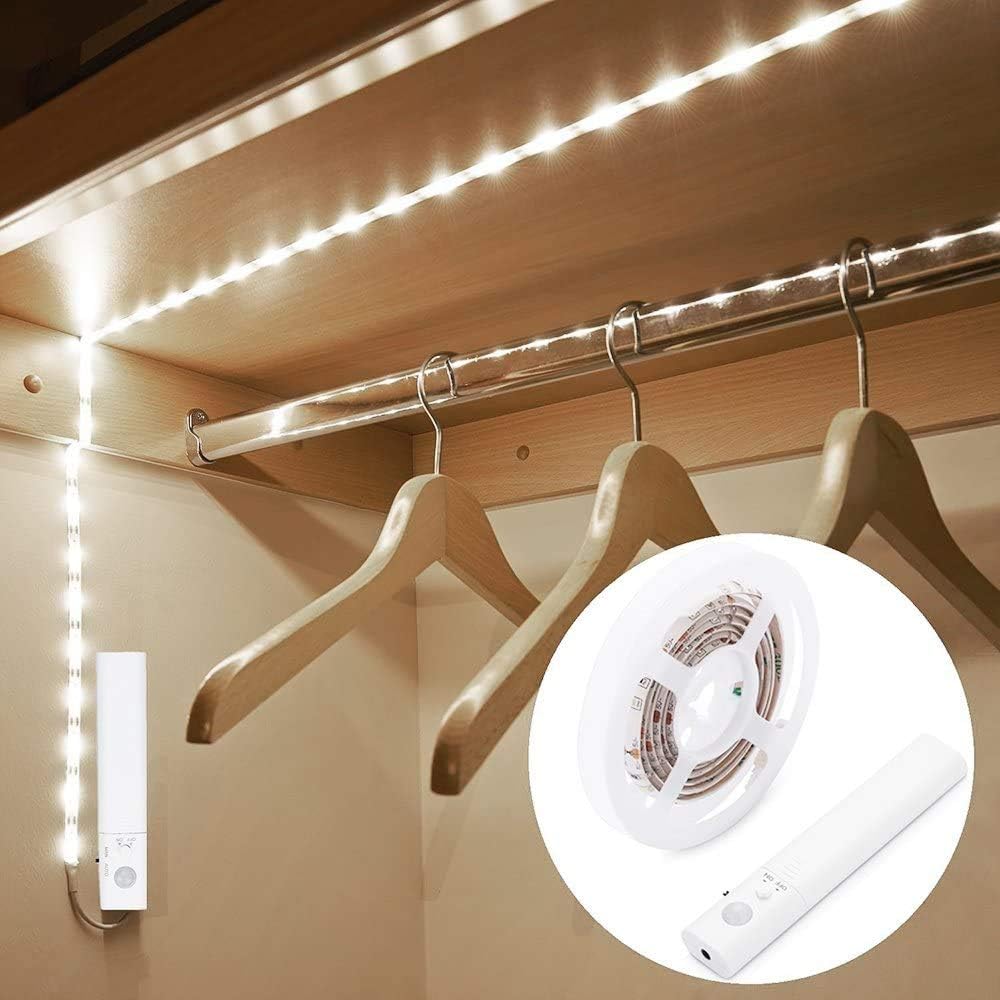 Motion-activated LED strip light for wardrobe and closet illumination