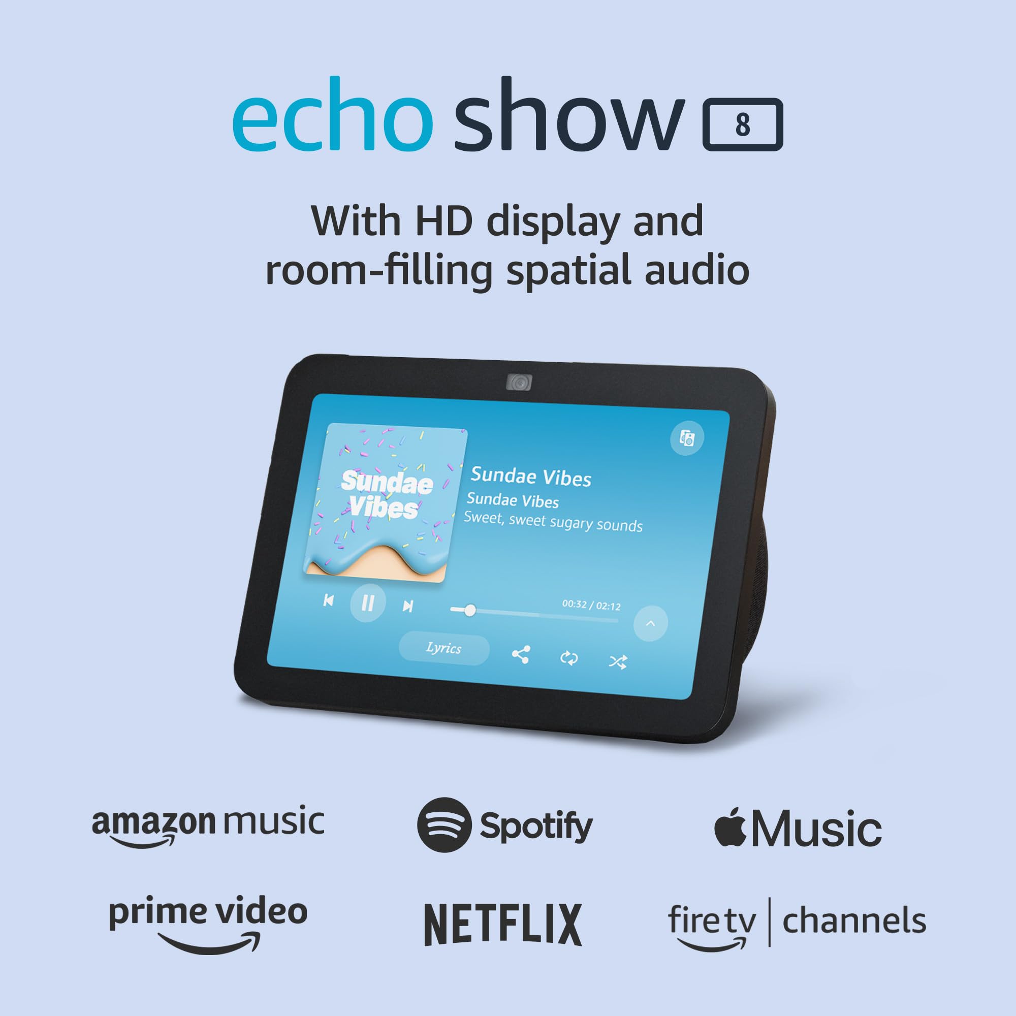 Echo Show 8 sitting on a small apartment kitchen counter displaying weather and smart home controls