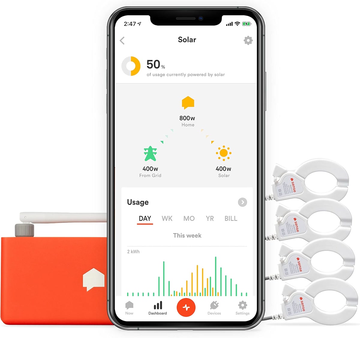 Sense Energy Monitor product photo showing the monitor unit and clamps