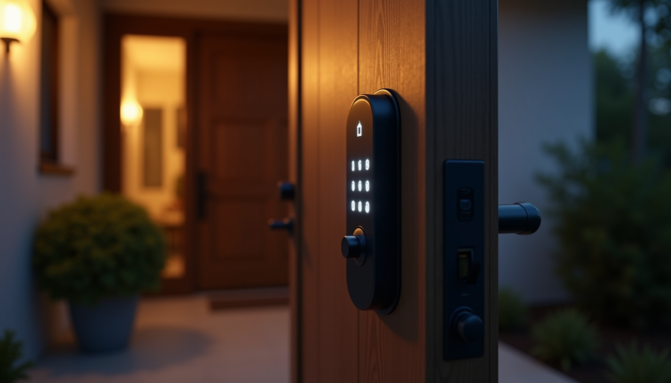Smart keypad door lock with glowing backlight mounted on a front door at dusk