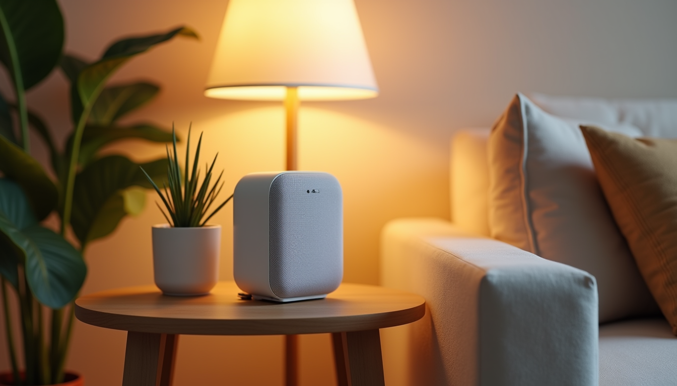 White smart speaker on a wooden side table beside a glowing lamp in a cozy living room