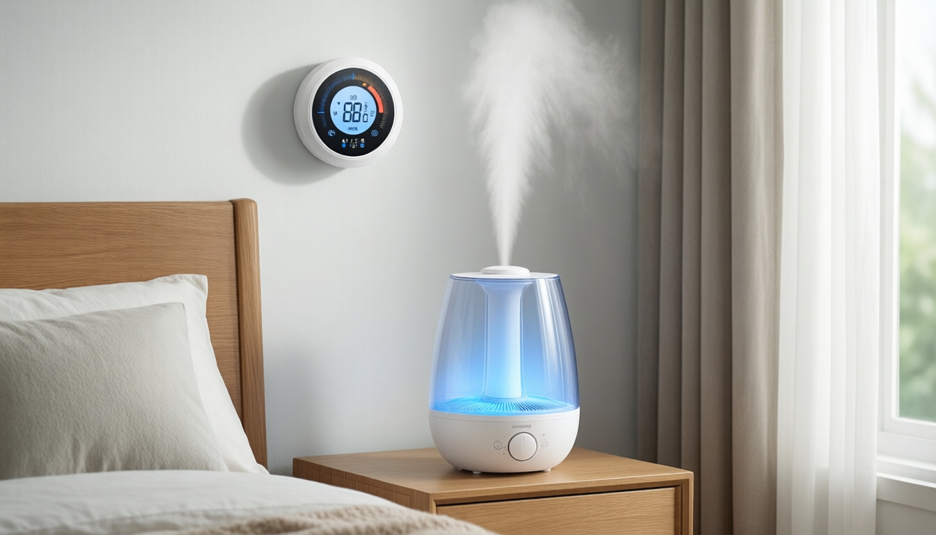 Bluetooth hygrometer mounted on a bedroom wall above a smart humidifier on a nightstand