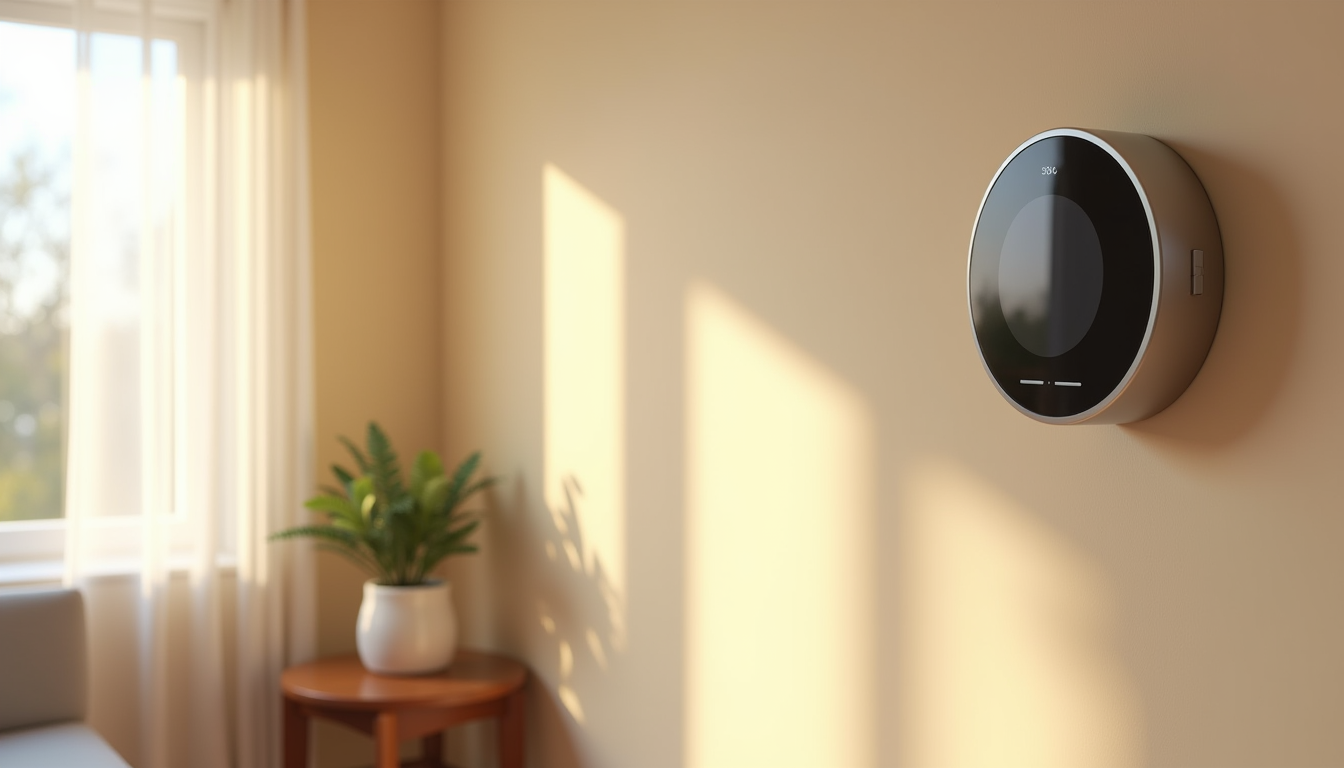 Minimalist round smart thermostat mounted on a sunlit living room wall