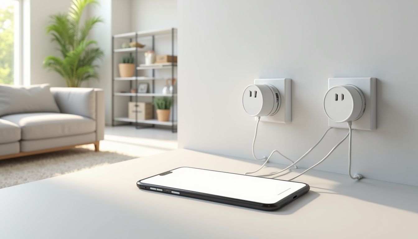 Smart plugs plugged into a power strip on a wooden floor in a bright living room