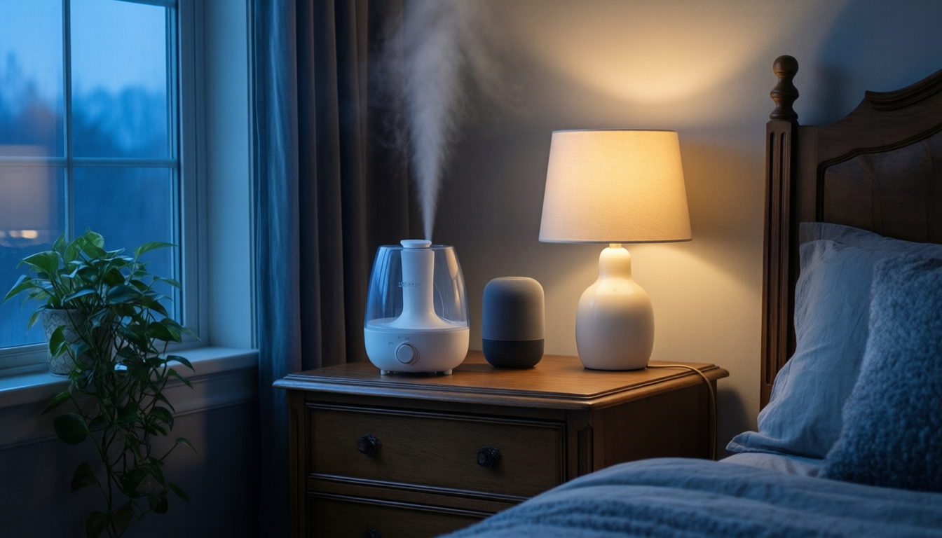 Smart plug connected humidifier on a bedroom dresser next to a hygrometer
