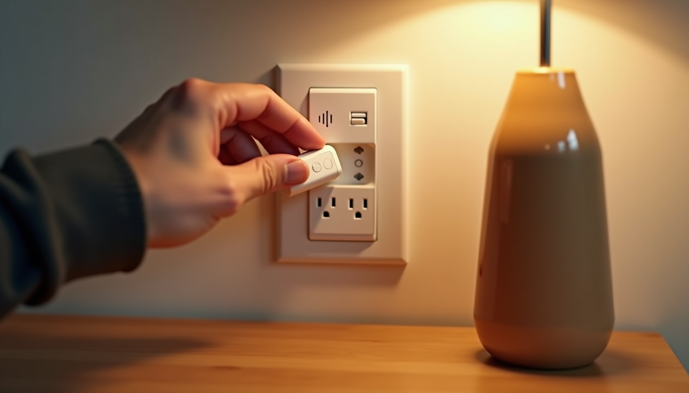 A person setting up a smart plug with a smartphone in a cozy home interior