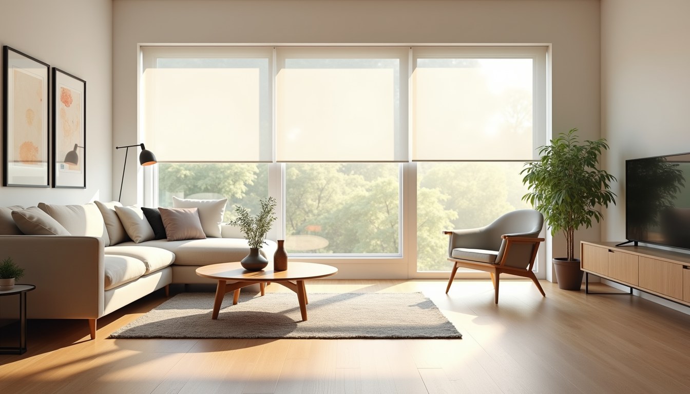 Bright living room with large windows and blinds