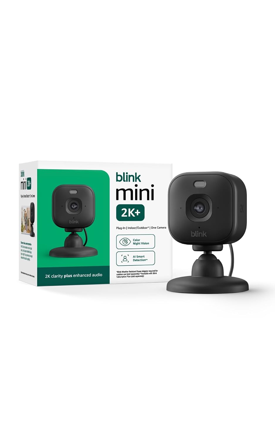 Blink Mini 2K+ compact indoor security camera with its retail box